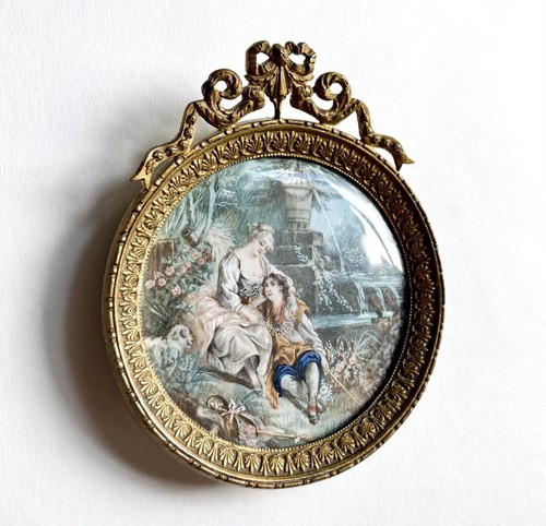 Sweet Antique French Miniature Painting After Boucher La Bergere Prevoyante - Picture 4 of 7
