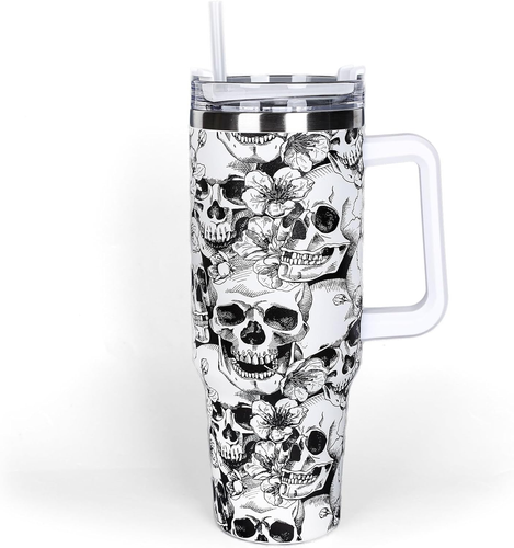 40Oz Halloween Tumbler with Straw and Lid Skull Travel Coffee Tumbler Cup with H