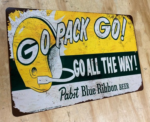 Go Pack Go Green Bay Packers Distressed Looking Aluminum Metal Sign 12" x 18"