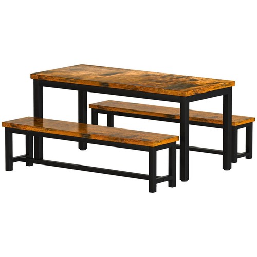 Farmhouse Kitchen Dining Table Set For 4 With 2 Benches Rustic Breakfast Nook - Picture 5 of 5