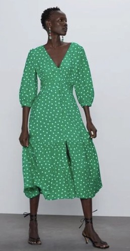 Zara Green Polka Dot V Neck Midi Dress Size L - Picture 2 of 9