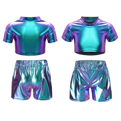 Kids Girls Top And Shorts Team T-shirt With Short Pants Gymnastic Dance Outfit - Picture 37 of 67