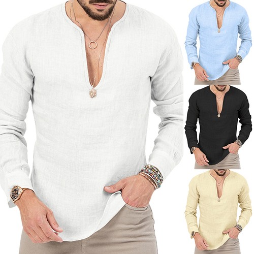 Leinen Langarmshirt Herren Slim Fit Einfarbig Übergröße Tiefer V-Ausschnitt Oberteil - Bild 1 von 16