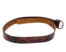 Vintage Tex Tan Belt size 40 Hand Tooled Leather Sunset Trees Mountains Birds