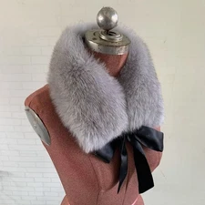 Real Black Fox Fur Collar Detachable with Ribbon Bow New Luxury Accessory