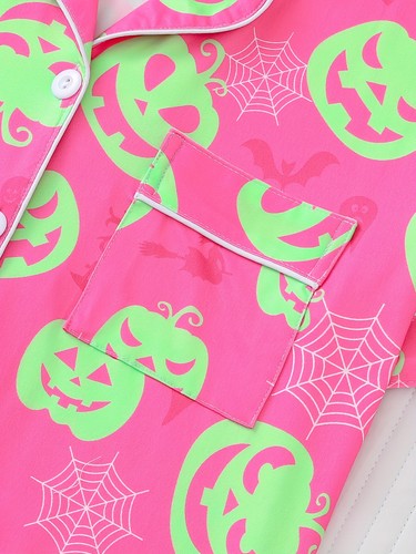 Spooky Halloween Pumpkin Bat Print Women's Pajama Set, Comfortable Short-Sleeve  - Bild 22 von 25