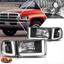 For 94-02 Dodge Ram Dual L-Bar LED DRL Headlight/Lamp Black Housing Clear Corner