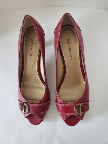 AK Anne Klein Women's 8M Leather Shoes Slip-on Open Toe Low Heel Burgundy