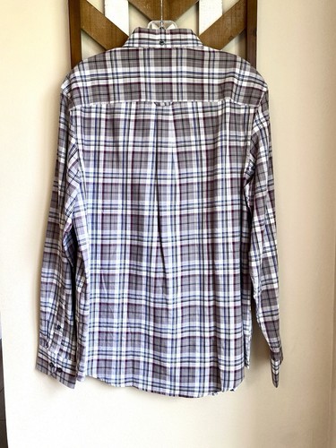 NWT BEN SHERMAN M 35 Grey Plaid Cotton Maroon Blue L/S Button Casual Dress Shirt - Picture 7 of 16