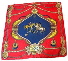 Vintage Equestrian Scarf By Antoine Red  Blue With Horses  Dogs 34"x34"