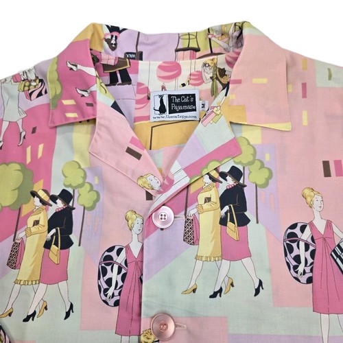 Camisa pijama The Cat's para mujer mediana rosa amarillo estampado gráfico algodón abotonado - Imagen 9 de 20