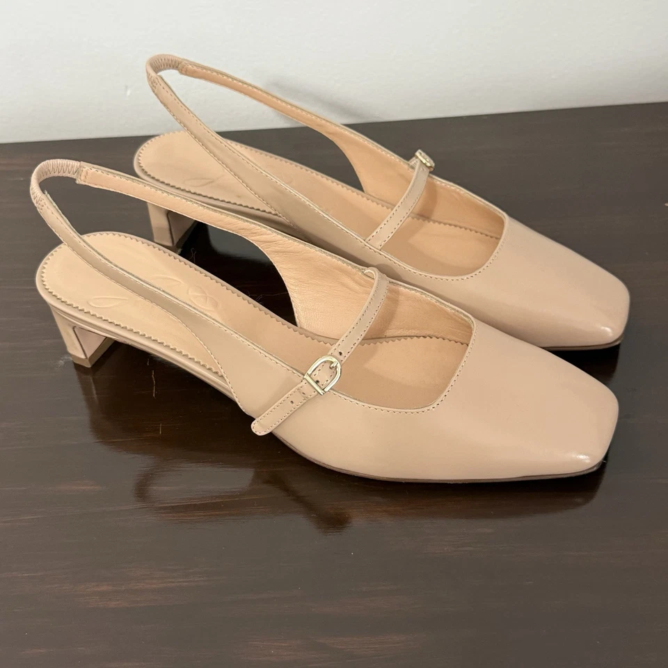 J. Crew Layla Slingback Mary Jane Tacones Spazzolato Cuero Talla 8 Rubor Beige Foto 3 de 4