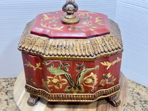 Scatola Tesoro/Trinket Vintage Asiatica Chinoiserie da Collezione Piedi Rossi 9" - Foto 3 di 14