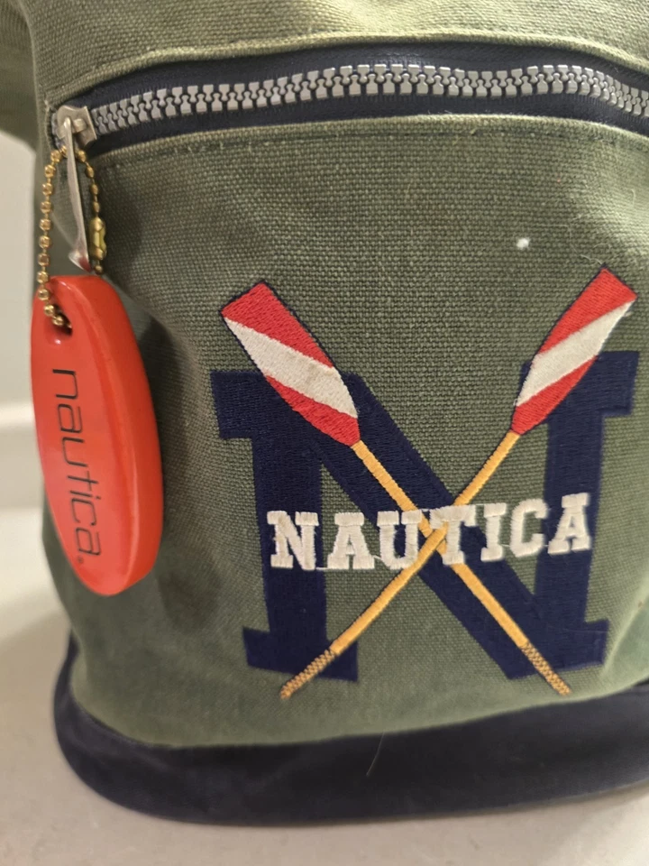 复古 NAUTICA 绿色蓝色重型帆布拉绳水手海员吊袋 — 第 2/4 张图片