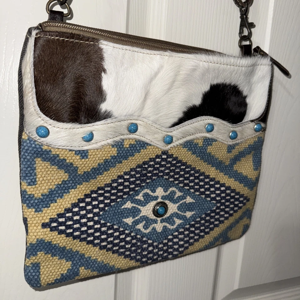 Myra Medium Crossbody In Tufts Pattern With Cow Print And Turquoise Stones - Image 2 of 4