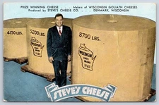 Vintage Wisconsin Postcard DENMARK Steves Cheese Goliath Cheeses 1950s
