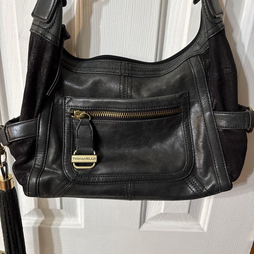 Tignanello Black Leather Shoulder Bag W/Leather Tassel Accent - Picture 3 of 21