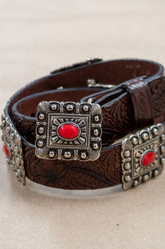 Lucky & Blessed Girl’s Genuine Leather Belt, Brown with Red Conchos - Picture 4 of 17