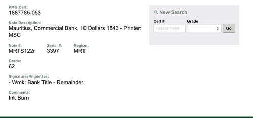 62 PMG 10 Dollars 1843 Mauritius Commercial Bank Banknote # 122r - Picture 3 of 4