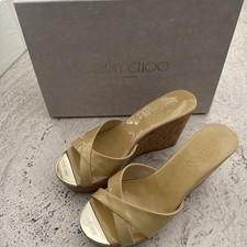 Jimmy Choo Pandora Nude Patent Leather Cork Gold Tip Wedges Wedge Shoes 36