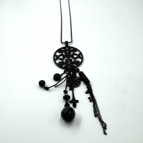 Black Goth Pendant Necklace With Dangling Charms & Beads On 34" Rope Chain - Picture 5 of 8
