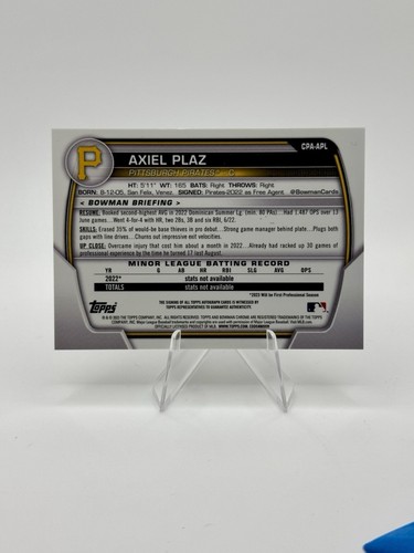 2023 BOWMAN CHROME - AXIEL PLAZ - 1st - On Card Auto - Pirates - Picture 3 of 3