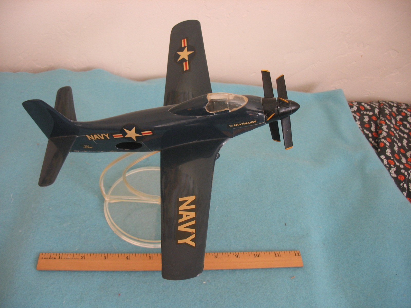 Vintage Topping Douglas A2D-1 Skyshark US Navy plastic desk model with stand.