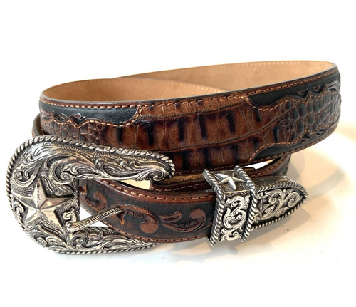 Vintage Tony Lama Alligator Grain Brown Black Western Belt Size 36 - C41228 - Bild 1 von 12