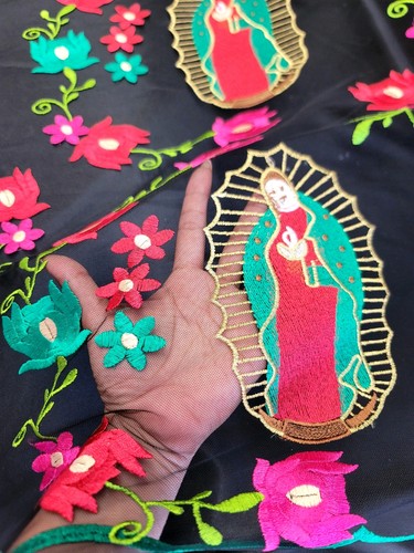 Fabric By The Yard Lace Embroidery Red Green Floral Virgen Mary Black Mesh Lace - Picture 5 of 14