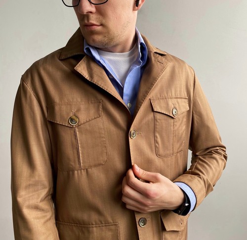Brommon Bespoke Purple Label Wool Safari Jacket Brown M Informal Made to Measure - Picture 2 of 14
