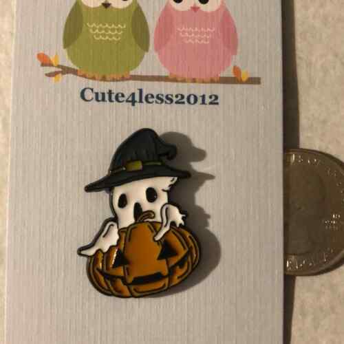 Pumpkin Ghost in Witch Hat Halloween Pin Brooch - Picture 1 of 2