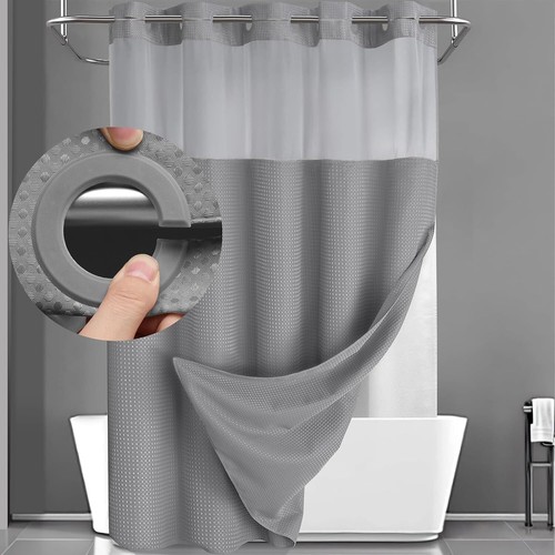 No Hook Shower Curtain with Snap in Liner Set Grey Waffle Shower Curtain for Bat - Bild 1 von 3
