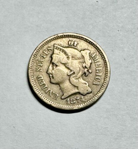 1874 Open 3 Cent Nickel 3c VF Very Fine Coin.