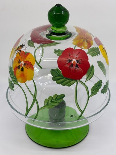 Glass Cloche and Stand Hand Painted by TG Bees Flowers Green and Clear