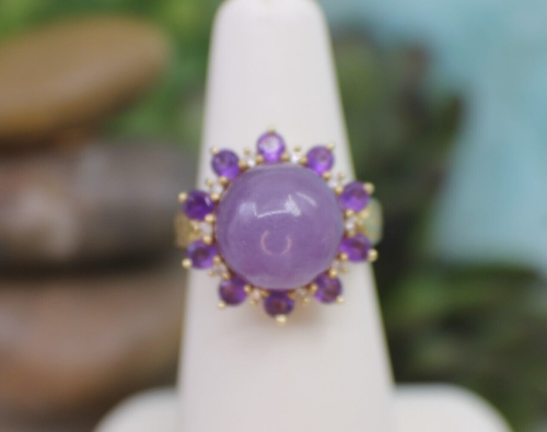 Solid 14K Yellow Gold Lavender Purple Jade Amethyst Diamond Ring Sz 7 Greek key - Picture 4 of 10