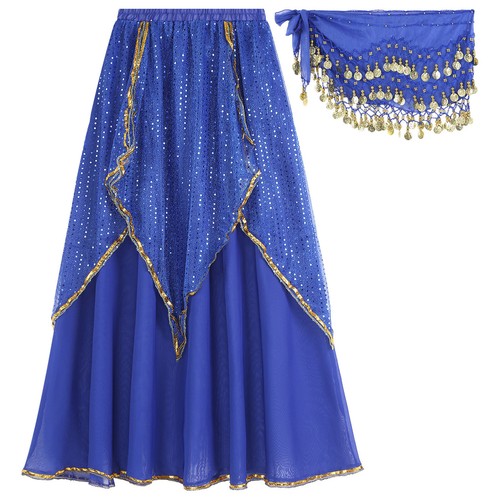 Women's Belly Dance Dress Set Sequins Coin Crop Top with Chiffon Skirt Costume - Picture 27 of 65