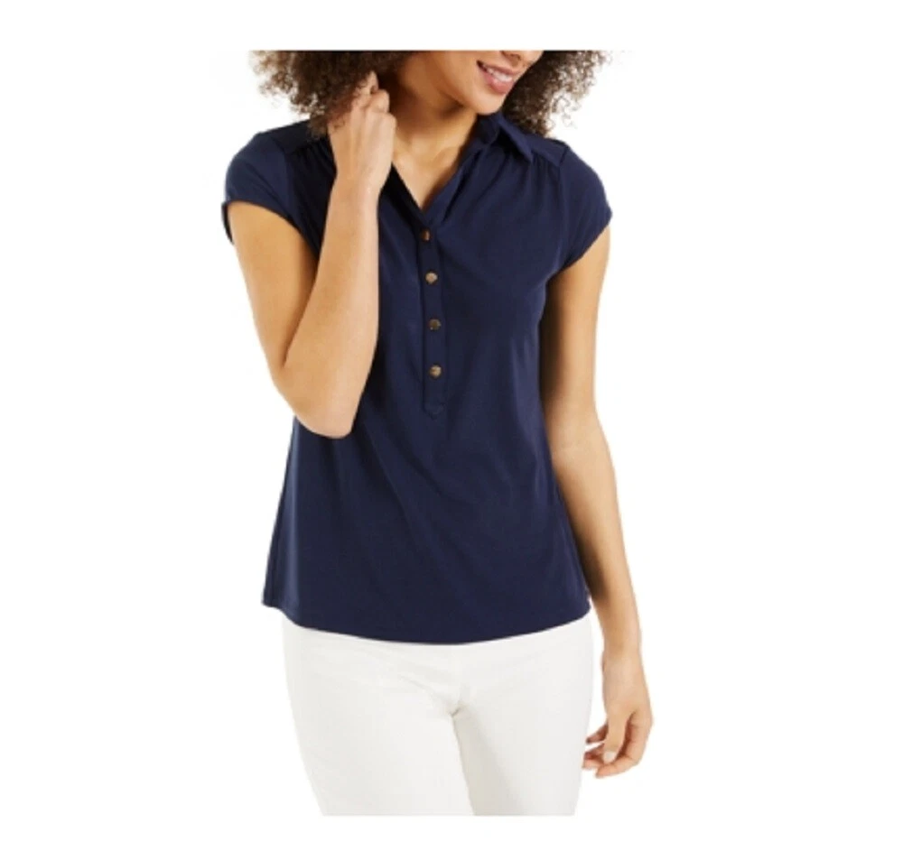 Petit T-shirt Femme Charter Club – Bleu, Manches 3/4, Col Bateau, Coton Pima, XS
