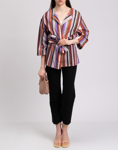 RRP€240 NIU Kimono Jacket Size L Brown Lightweight Striped Multicolour Tie Belt - Picture 2 of 8