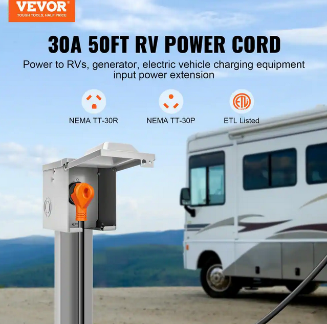 VEVOR RV Extension Cord 50 ft. 10/3 30 Amp 125 Volt RV Marine Extension