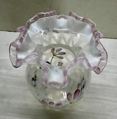 fenton opalescent ビンテージ　ガラス製 花瓶 FENTON White Opalescent Optical Top Hat Blue Ridge Swirl