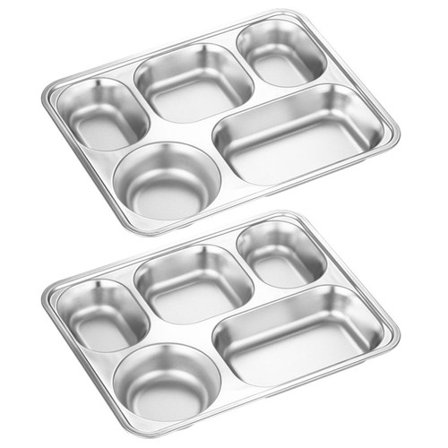 2 Pcs Stainless Steel Fast Food Tray Divided Dinner Plates Student