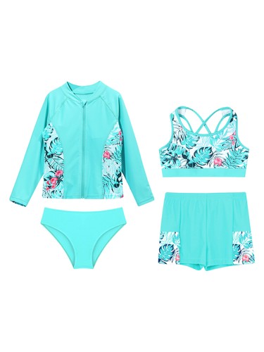 Kids Girls Swimwear Print Swimsuit Ruffle Bathing Suit Surfing Open Back 4Pcs - Picture 20 of 30