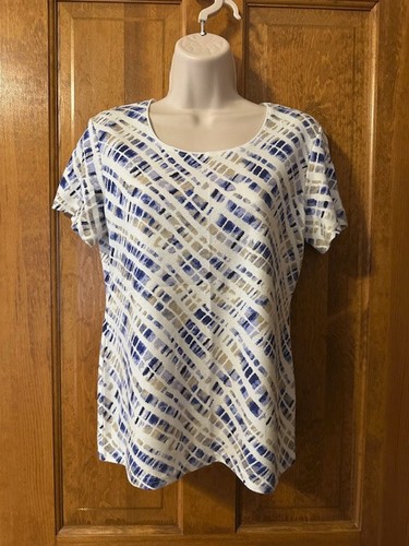 Karen Scott Women's Blue and Tan Abstract Short Sleeve Top in Size Small