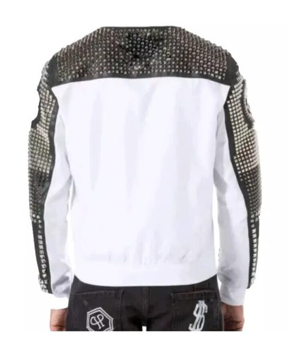 New Philipp Plein White Full Silver Studded Embroidery Patches Leather jacket - Picture 2 of 4