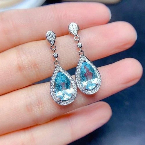 2Ct Pear Cut Lab Created Aquamarine Drop & Dangle Earrings 14K White Gold Plated - Picture 4 of 4