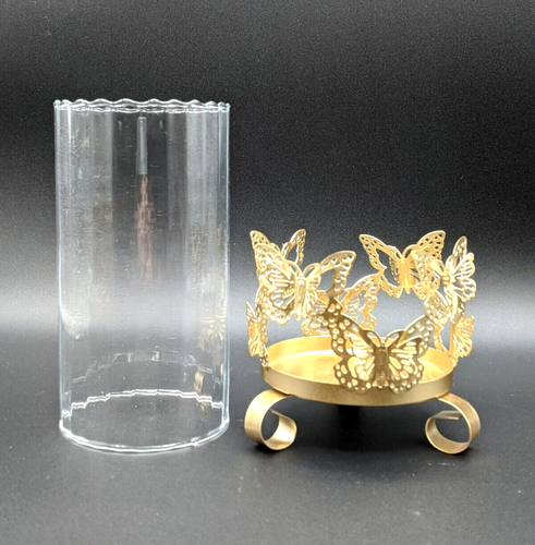 2 Piece Brass Butterfly Candle Holder w/Ribbed Glass Shade - 7" Tall - Picture 3 of 6