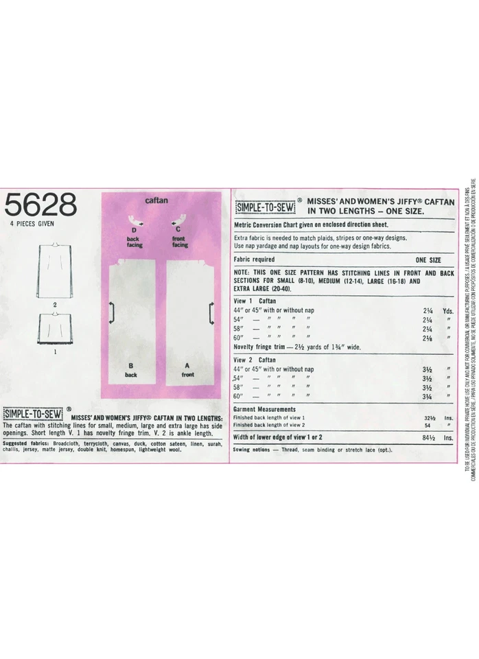 SIMPLICITY 5628 MISSES 1970'S VINTAGE JIFFY CAFTAN Sewing pattern SIzes S-M-L-XL - Image 2 of 3