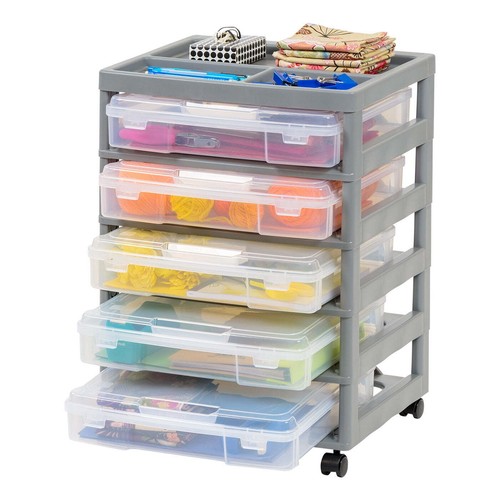 USA 5-Case Craft Storage Cart w/ Organizer Top and wheels for Scrapbooking, Gray