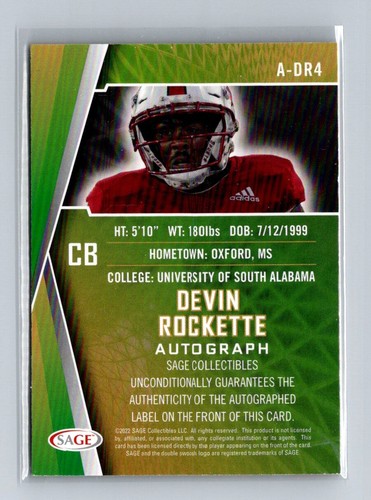2022 SAGE #A-DR4 Devin Rockette Autographs Green - Picture 2 of 2