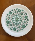 White Marble Serving Plate Mosaic Real Malachite Floral Inlay 9 7/8”